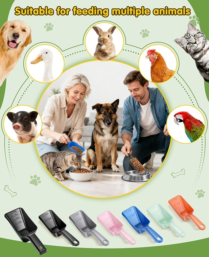 GNEOCO 2 Pack Dog Food Scoop with 1 Cup and 2 Cup Capacity, Plastic Pet Food Measuring Scoops with Clear Measurement Lines for Dogs, Cats & More,Dishwasher safe (Blue and Black)
