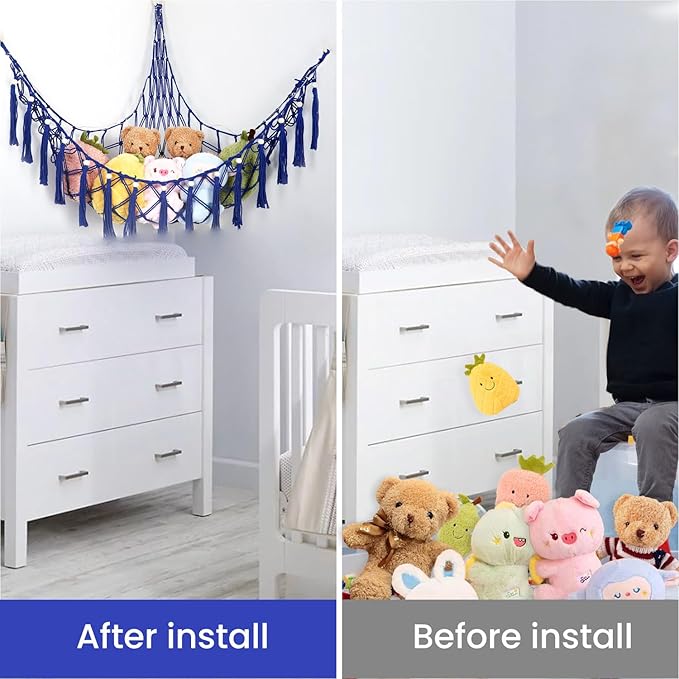 Stuffed Animal Hammock, 55in Storage Macrame Hammock with 75LEDs, Hanging Net for Kids Bedroom Doll Room Corner Organizer, USB Powered Plush Animal Storage Net with Remote (Dark Blue, XL)