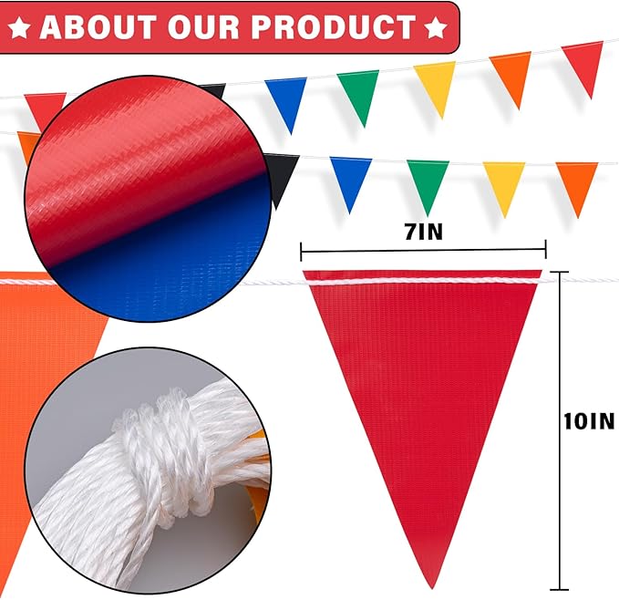 105ft Pennant Banner Flags, 7x10 Multicolor 45 Pcs High Visibility Safety Flagging on String, Triangle Pool Flags for Backstroke, Construction Events Party Decoration Parking Marking Outside
