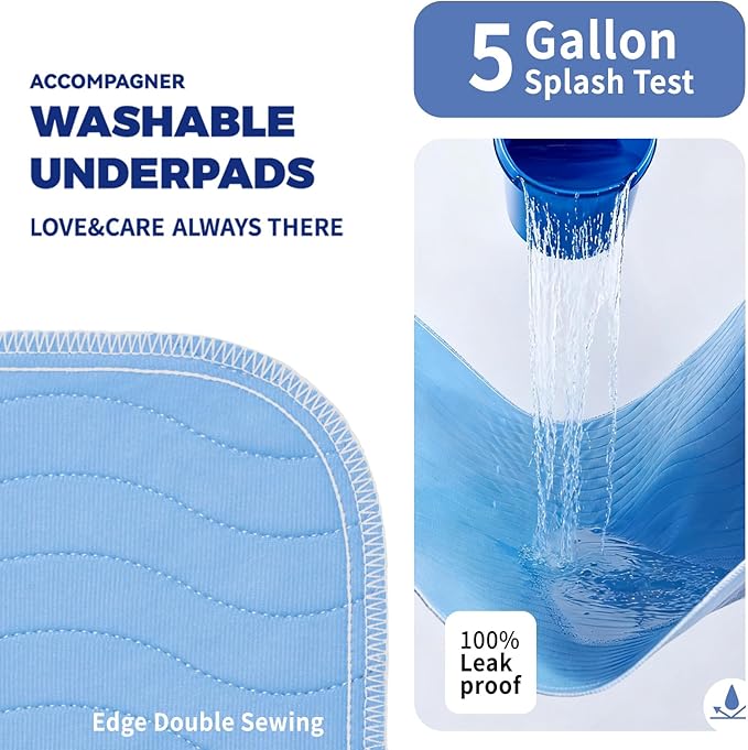 Accompagner Waterproof Reusable for Adults and Pets Washable Pee Pads for Dogs Changing Pad Large Dog Bed Size Adults Incontinence Bed Pads - Non-Slip Leak-Proof (Blue, 24"x24"(Pack of 6))