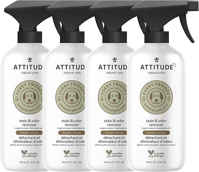 ATTITUDE Stain and Odor Remover for Pets, Plant and Mineral-Based Ingredients, Vegan and Cruelty-Free, Lavender, 16 Fl Oz (Pack of 4)