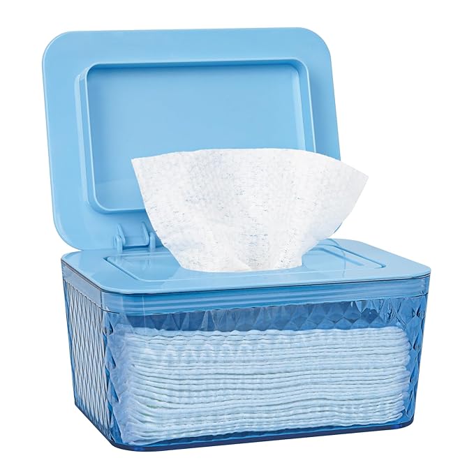 Whiidoom Wipes Dispenser, One-Handed Operation Wipe Holder for Baby & Adult, Seal-Designed Wipes Container for Bathroom Keep Diaper Wipes Fresh (Blue)