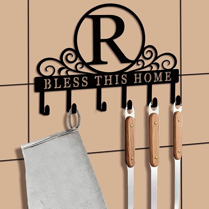Metal Letter R Key Holder for Wall, Monogram Coat Rack Wall Mount, Key Hooks Perfect for Bathroom, Living Room, Kitchen, Office Ideal Wedding, Anniversary, Housewarming Gift (R)