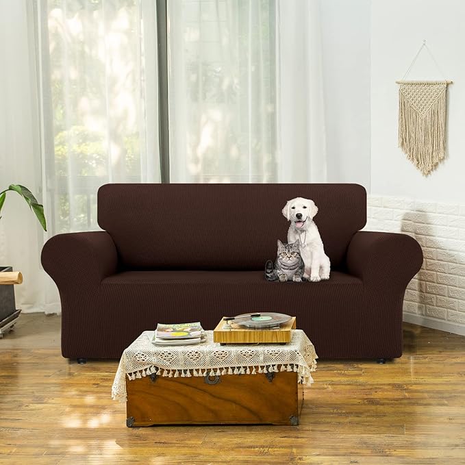 LURKA Stretch Loveseat Sofa Slipcovers 1 Piece Couch Covers for Sofa Furniture Protector Full Sofa Covers with Elastic Bottom for Kids and Dog (Medium, Chocolate)