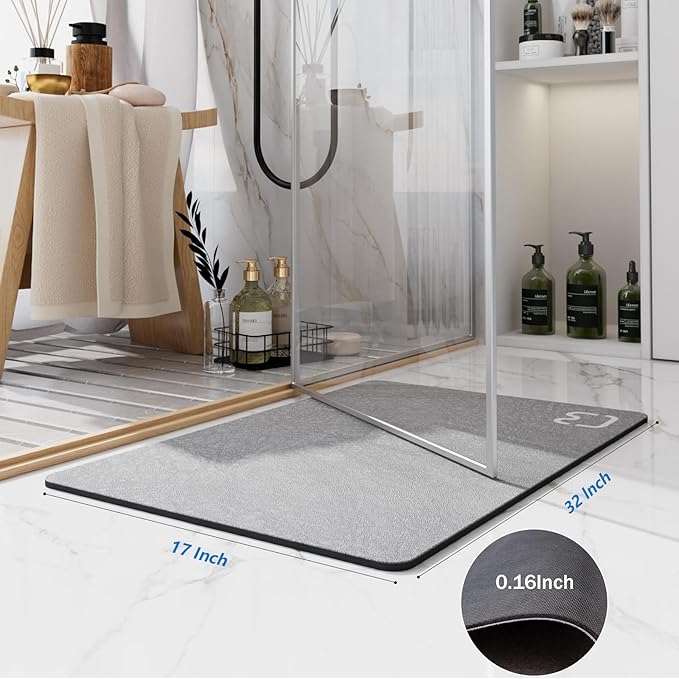 Bath Mat Rugs Quick Dry Super Absorbent Diatomaceous Earth Bath Mat Non Slip Rubber Bottom Thin Bathroom Mat Fit Under Door, Floor Rugs in Front of Bathtub,Shower Room,Sink, 17 x 32, Grey