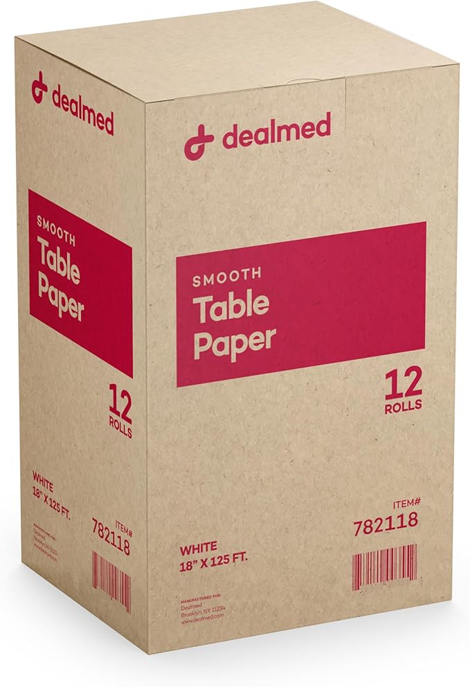 Dealmed Medical Exam Table Paper Roll | Disposable Covers for Doctors, Physicians, Diaper Changing, Waxing, Chiropractor, Tracing, Drawing, Coloring | Smooth, White, 18" x 125', 12 Rolls/Case
