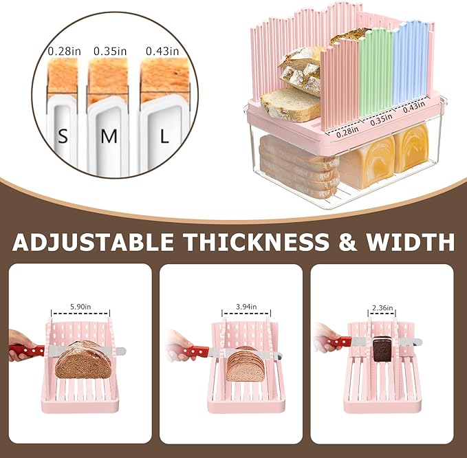 Bread Box with Slicer, Portable Airtight Bread Storage Container with Lid Handle for Kitchen Counter, Bread Keeper for Homemade Bread,Toast, Bagel, Cookies, Pink