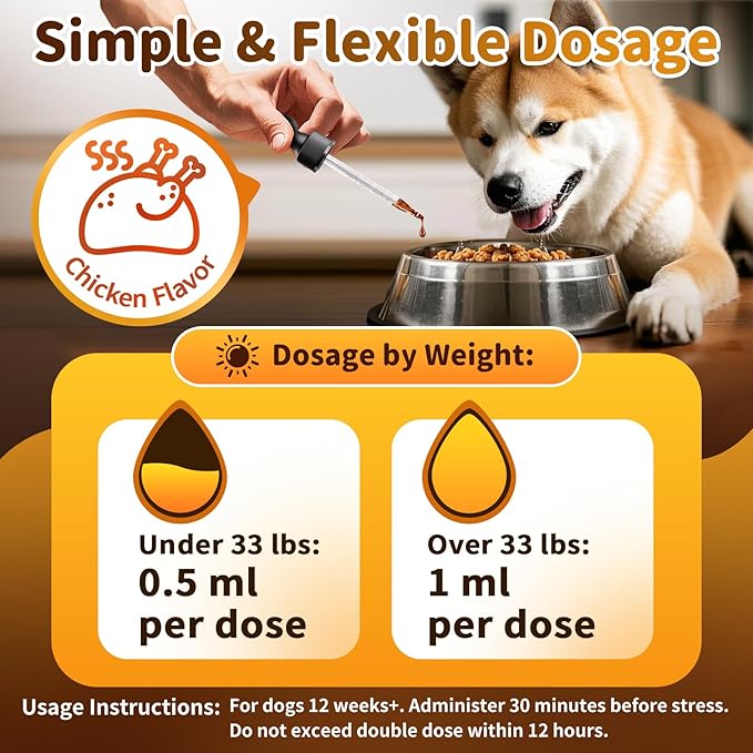 Calming Drops for Dogs, Soothe Separation, Thunder & Fireworks Stress, Support Calmness, Focus & Cognitive Health, Promote Emotional Balance, for Dogs 12 Weeks+, Chicken Flavor, 1 FL.OZ