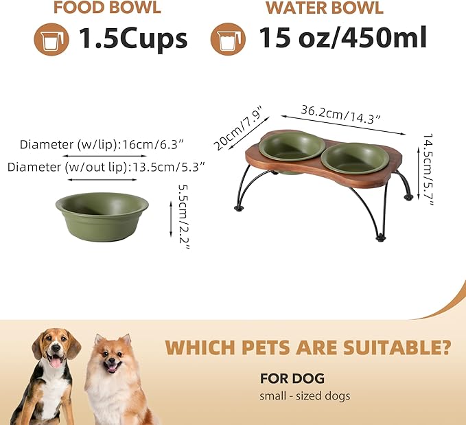 Ceramic 6.3-inch Raised Double-Bowl Set with Non-Slip Stand, 1.5 Cup Food or 15 oz Water Dishes for Small Dogs, Wide Opening with Rounded Edges(Olive Green)