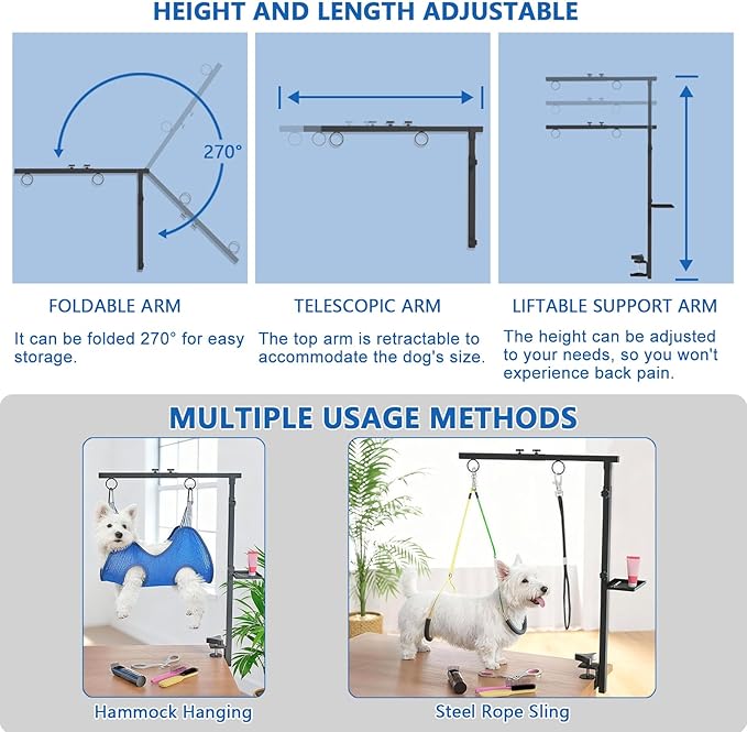 Dog Grooming Table Arm with Clamp (33"-43") | Extendable, Foldable Stand & Restraint with Grooming Hammock, No-Sit Rope, Tray & Bag | for Small/Medium Dogs at Home & Salon
