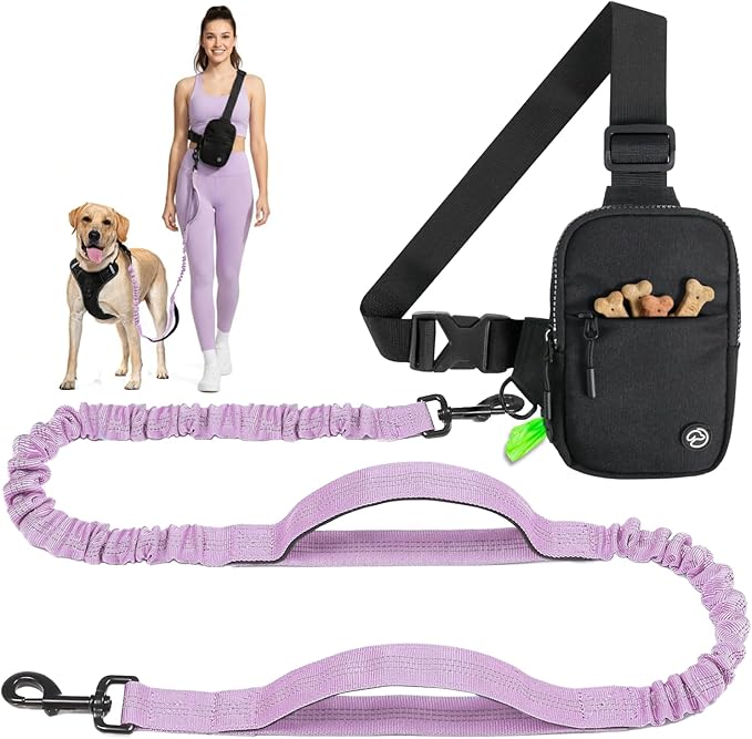Hands Free Crossbody Dog Leash Bag with Built-in Poop Bag Dispenser & Storage, Dual Bungee Shock-Absorbing Leash with Dual Handles for Small, Medium, Large Dogs Walking Training (Lavender)