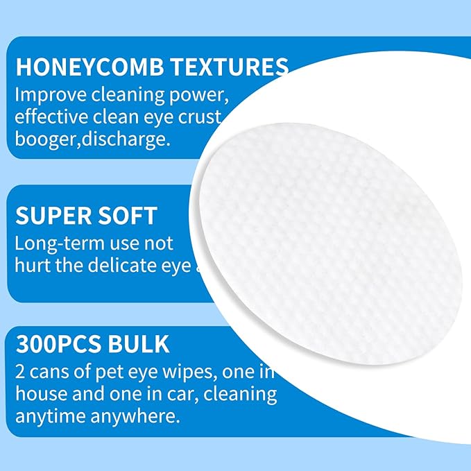 300Pcs Dog Eye Wipes Biodegradable, Hypoallergenic Cat Dog Eye Cleaner, Pet Tear Stain Remover Wipes | Wrinkle, Face, Eye Cleaner Pads to Gently Remove Discharge, Crust | Unscented Pet Tear Wipe