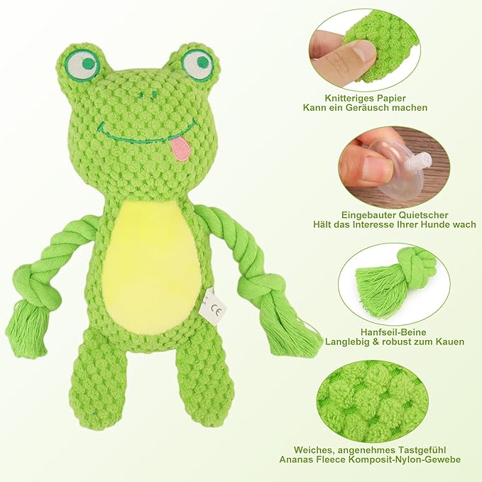 TONYFY Dog Toys, Dog Squeaker Toys with Crinkle Paper, Stuffed Animal Dog Plush Chewing Toy, Cotton Rope Interactive Toys for Puppy, Small, Middle Dogs (Green Frog)