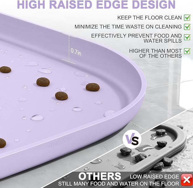 SMILOOL Silicone Pet Feeding Mat with Raised Edge for Food and Water, Dog Bowl Mats, Cat Bowls Placemat with High Lip for Floor Waterproof, Rubber Tray for Cats and Dogs 12 x 12 x 0.7 Light Purple