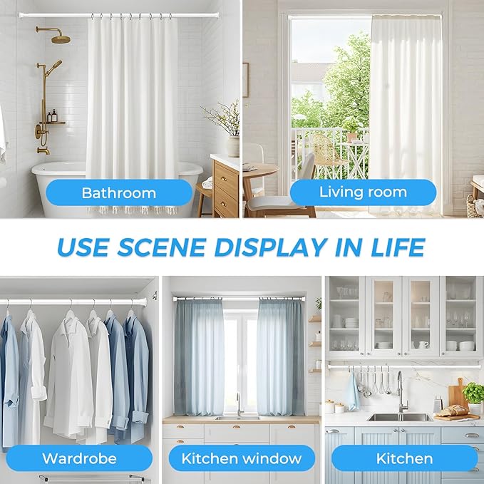 1pack Shower Curtain Rod 31-62 inch Tension Rod White Shower rod Non Slip Adjustable Curtain Rods No Drilling Tension Curtain Rod Shower Rods for Windows Closet