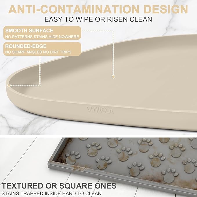 SMILOOL Silicone Pet Feeding Mat with Raised Edge for Food and Water, Dog Bowl Mats, Cat Bowls Placemat with High Lip for Floor Waterproof, Rubber Tray for Cats and Dogs 19 x 12 x 0.7 Beige