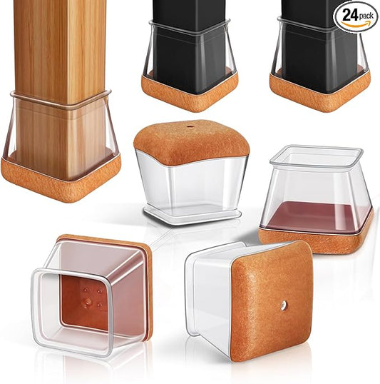 24 Pcs Chair Leg Floor Protectors Square, Silicone Chair Leg Protectors Caps Covers for Hardwood Floors, Furniture Pads Sliders with Wrapped Felt Bottom Medium (Fit:3/4"~1-1/8")