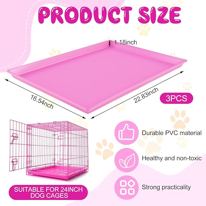 Maxdot 3 Pcs Pink Dog Crate Tray Replacement Pan for 24 Inch Crate Home, Pink Dog Ideal for Potty Training Tray Chew Proof Pet Kennel Plastic Waterproof, Easy to Clean, Ideal for Pet Potty Training