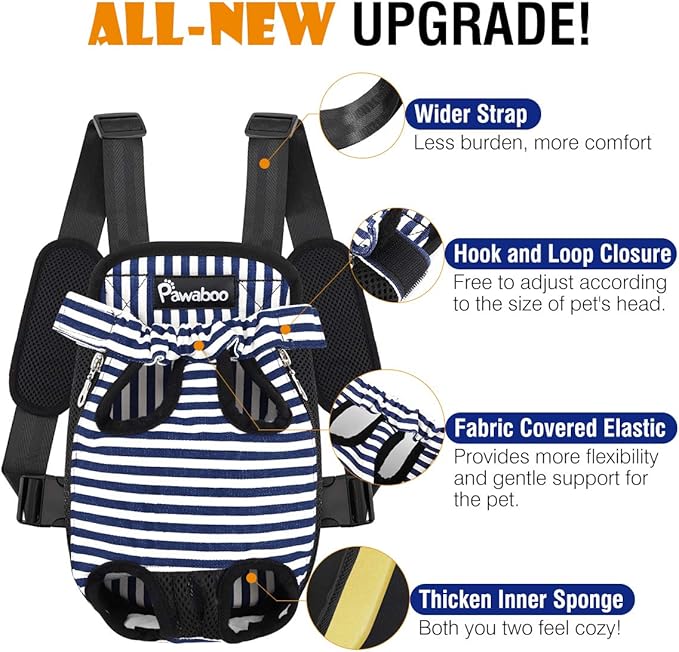 Pawaboo Pet Carrier Backpack, Adjustable Pet Front Cat Dog Carrier Backpack Travel Bag, Legs Out, Easy-Fit for Traveling Hiking Camping for Small Medium Dogs Cats Puppies, Medium, Blue & White Stripes