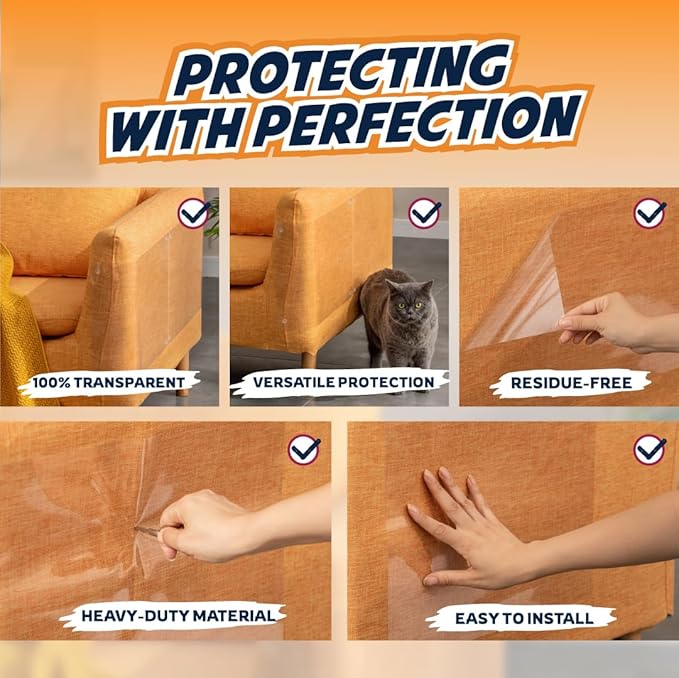 6 Pack Cat Scratch Furniture Protector Sheets – Clear Couch & Sofa Guard from Cat Claws – Easy Apply, Removable, with Twist Pins (3 XL + 3 Large)