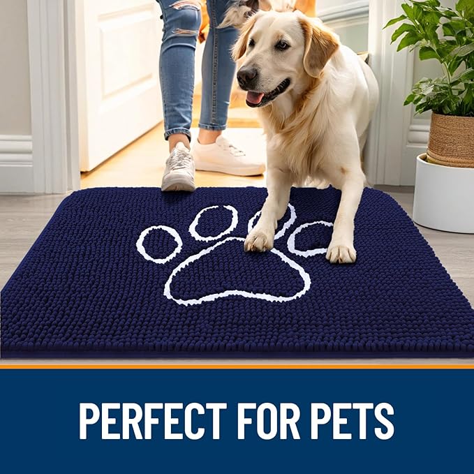 OLANLY Dog Door Mat for Muddy Paws 34x21, Paw Print Design, Absorbs Moisture and Dirt, Absorbent Non-Slip Washable Doormat, Quick Dry Chenille Mud Mat for Dogs, Entry Indoor Entryway Carpet, Navy Blue
