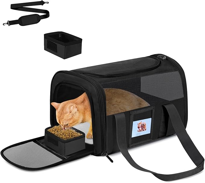 FOORLON Cat Carrier Soft for Pets Up to 15 Lbs, Cat Travel Bag with Padded Shoulder Strap and Detachable Cat Food Bowl, Pet Dog Carriers for Small Dogs Travel Puppy Carry Airline Approved, Black