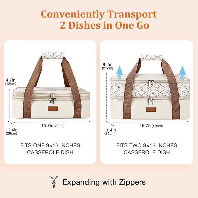 Vuudh Expandable Casserole Carrier Bag - Double Decker Food Bag, Insulated Casserole Carrier for Hot or Cold Food, Lasagna Holder Tote for Picnics,Beaches,Traveling or Gifts