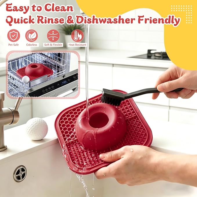 Slow Feeder Dog Bowls & Lick Mat for Liquid and Thick Treat, Anti-Slip Dog Lick Bowl with Interactive Rolling Ball, 5/6 Cup Pup Licking Toy for Large Medium Small Dogs and Cats Red