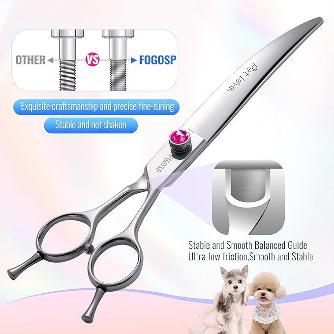Curved Scissors for Dog Grooming 7 inch 30°Downward Professional Curved Shears Dog Grooming for Poodle Pet Cat Face Japan 440C Stainless Steel Right Handed Super Sharp(7.0'',Curved)