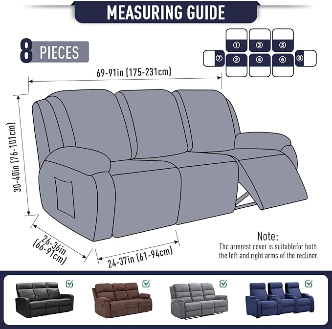 TAOCOCO Recliner Sofa Covers 8-Pieces Stretch Large Couch Covers for 3 Seats Reclining Slipcovers Soft Jacquard Pattern Furniture Protector (Navy Blue)