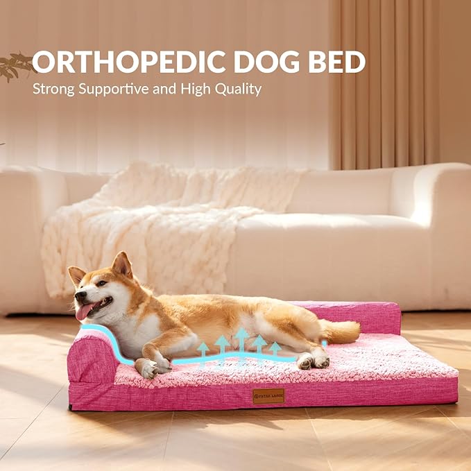 Patas Lague Orthopedic Jumbo Dog Bed for Extra Large Dogs 56''X40'', Waterproof L Bolster Jumbo Pet Sofa Beds with Removable Washable Cover, Soft Pet Couch Crate Mat with Nonskid Bottom, Pink