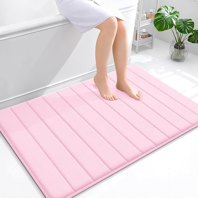 OLANLY Memory Foam Bath Mat 44x32, Super Soft Absorbent Bathroom Rugs, Quick Dry, Machine Washable Shower Floor Rugs, Bathmat Carpet, Bathroom Home Decor Accessories, Pink