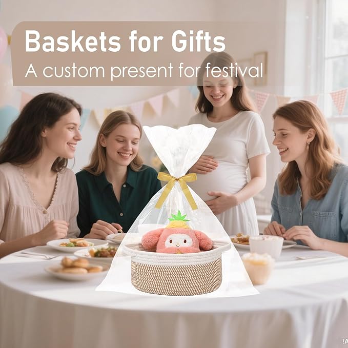 JMvicyroam Woven Basket,Small Rope Storage Bin with Handles & Ribbon Bag, Organizer for Shelves Closets,Gift Basket Empty for Birthday,Books,Dog Toys, White&Brown Block