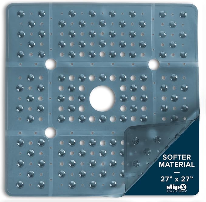 SlipX Solutions 27" Oversize Square Shower Mat, Non-Slip Mat for Elderly & Kids, 100+ Power Grip Suction Cups for Smooth Surfaces, Machine Washable, Dusty Blue