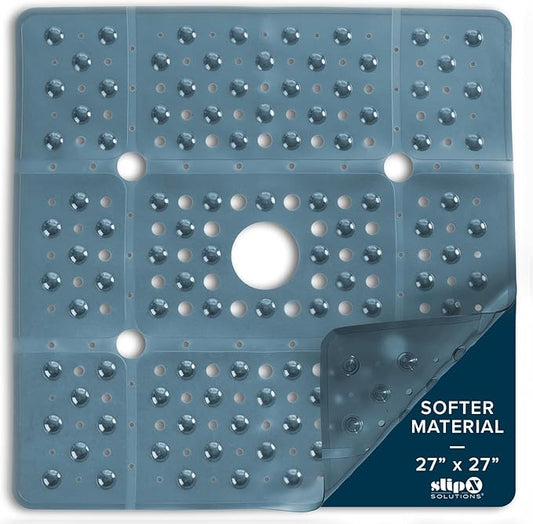 SlipX Solutions 27" Oversize Square Shower Mat, Non-Slip Mat for Elderly & Kids, 100+ Power Grip Suction Cups for Smooth Surfaces, Machine Washable, Dusty Blue