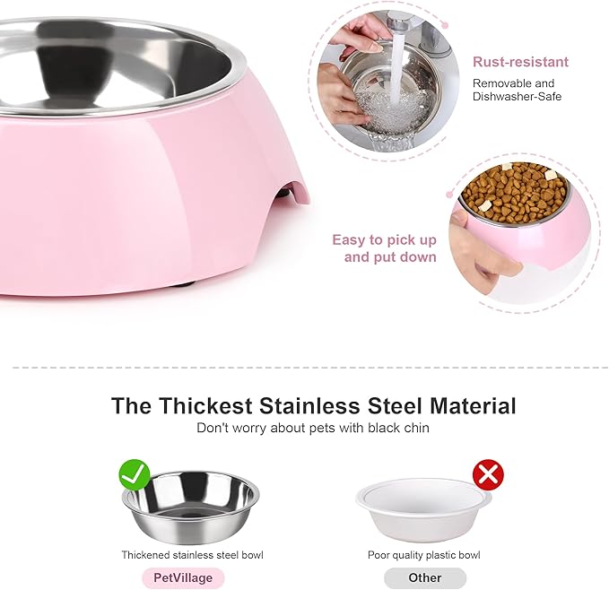 Petvillage Stainless Steel Dog Bowls Set – Dual Non-Slip Pet Dishes with 2 Small (4oz*2) Bowls & Durable Resin Stand,Food & Water Feeder for Kittens– Pink