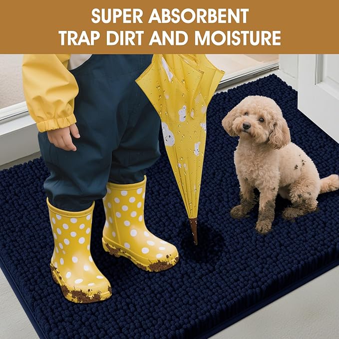 IM HOME Dog Door Mats for Muddy Paws, 36" X 24" Chenille Absorbent Doormat, Non Slip Heavy Dog Rugs for Muddy Paws, Soft Indoor Door Mat for Entryway, Mud Paw, Inside Floor, Navy Blue