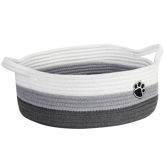 Dog Toy Easter Basket, Toy Box and Bin for Dog Cat Storage, 13.5" X 11" X 5" Small Woven Rope Basket for Baby Storage, Closet, Living Room, White & Grey