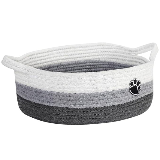 Dog Toy Easter Basket, Toy Box and Bin for Dog Cat Storage, 13.5" X 11" X 5" Small Woven Rope Basket for Baby Storage, Closet, Living Room, White & Grey