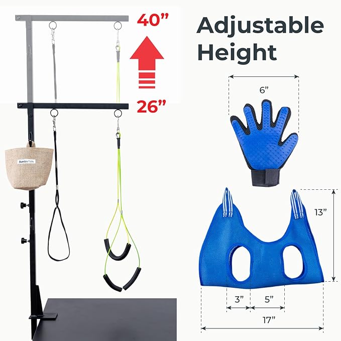 Dog Grooming Kit Adjustable Arm With Clamp: Height 26"-40", Small Dog Sling For Nail Trimming Hammock, no-sit Haunch Holder Leash Loops, Glove, Tool Hanging, Full Home Pet Grooming Supplies Kit, Cats
