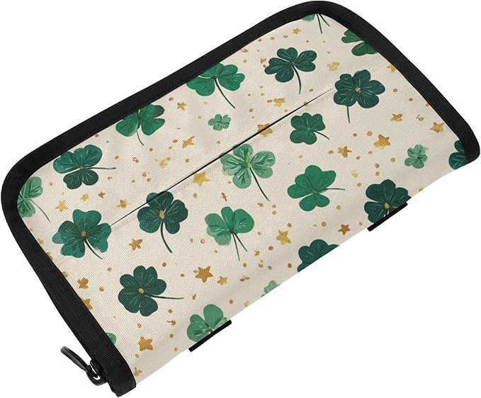 Car Tissue Holder Car Napkin Holder Car Tissue Box Dispenser Storage Case Sun Visor Mask Holder with Adjustable Straps Reusable Refillable Green Clovers and Stars