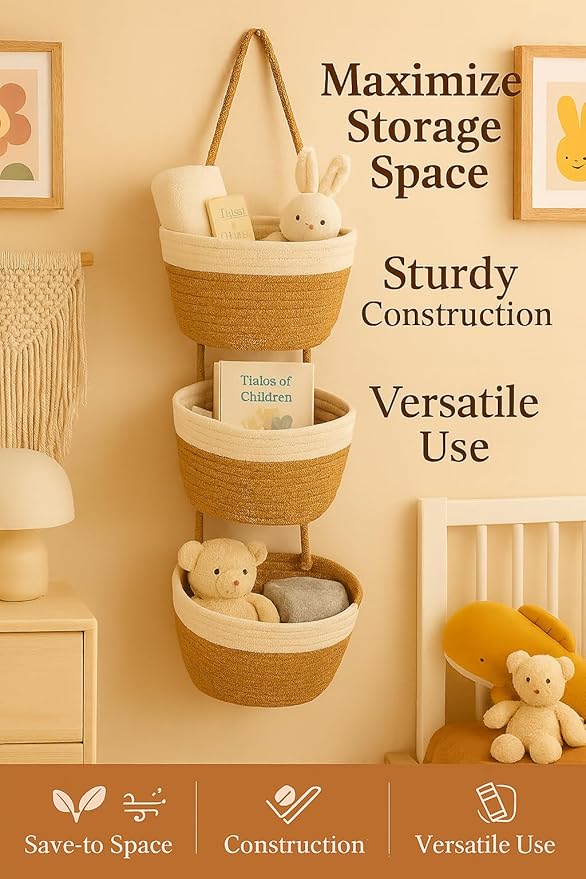 Japanese Handmade Cotton Rope Hanging Basket Organizer – 3 Tier Wall boho Storage Organizer for Toys , Snacks & Décor – Eco-Friendly Coiled Weaving Craft, Housewarming & Shower Gift (White&brown)