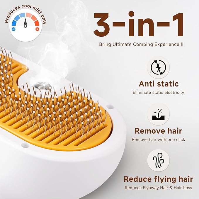 FASHIONARI Pet Steam Brush for Dog & Cat – 3-in-1 Spray Hair Removal Comb – Steam for Shedding & Grooming – Water Brush for Long & Short Haired Pets – Spritz Defur Comb – Includes 2*Waterless Shampoo