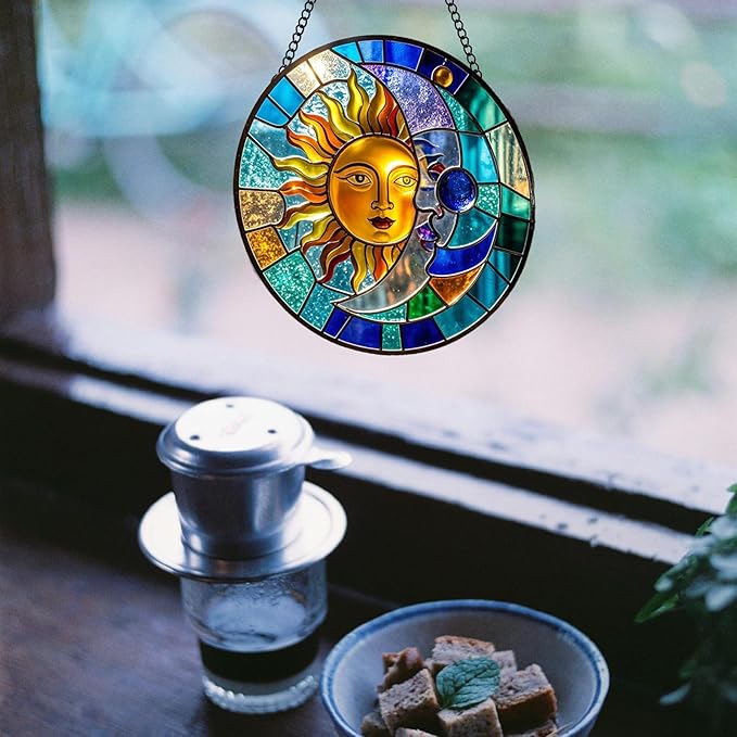 Sun and Moon Suncatcher 8 Inch Stained Glass Window Hanging Diamond Chain Hooks– Indoor/Outdoor Window Wall Art Home Décor -Gift for Women Men Valentine's Day Thanksgiving Ornaments Festival Gifts