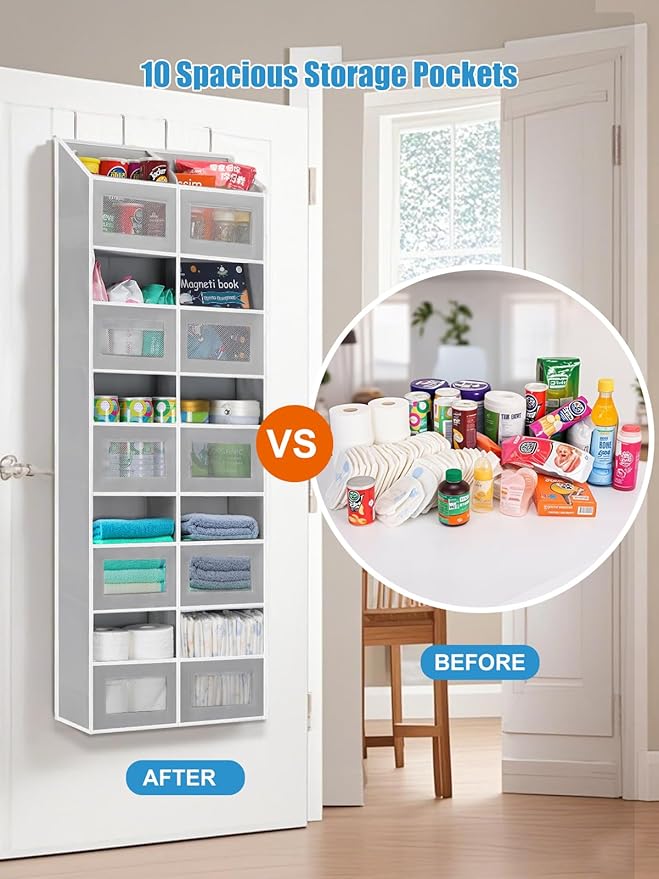 Over the Door Organizer Hanging- 10 Compartments, 80 lbs Load Behind Door Stuffed Animal Storage, Extra Large Toys Storage Organization for Bedroom, Bathroom, Nursery, Shoes, Diaper (grey)