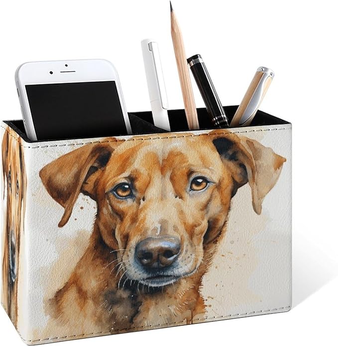 Famame Brown Dog Watercolor Pencil Holder for Desk, Leather Desktop Container Pen Cup Storage Study Table Pen Organizer Makeup Brush Holder for Classroom Office Home
