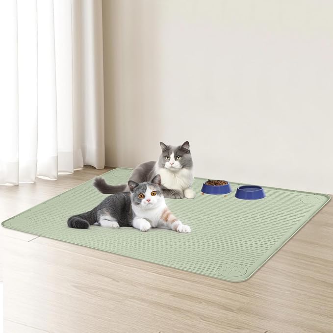 Bartuke Cat Food Mat, 40" x 28" Extra Large Silicone Pet Feeding Mat with Raised Edge Pet Placemat for Food and Water Bowl Non-Slip, Easy to Clean, Floor Protection (Green)