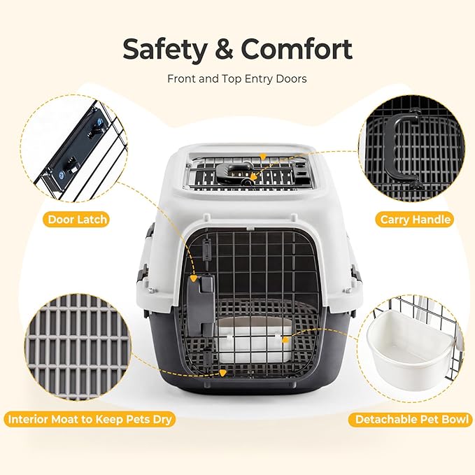 NEWBULIG 23" Hard-Sided Dog Carrier, Plastic Cat & Dog Crate, 4-Sided Ventilation Travel Pet Kennel, Top & Front Door Access, Integrated Food Bowl, for Small Pets up to 22 lbs, White & Black