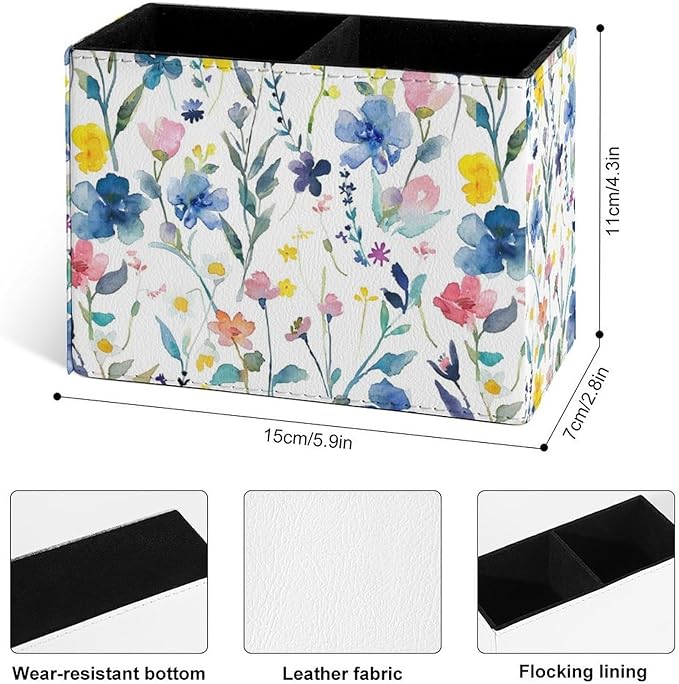 Famame Watercolor Colorful Floral Leaves Pencil Holder for Desk, Leather Desktop Container Pen Cup Storage Study Table Pen Organizer Makeup Brush Holder for Classroom Office Home
