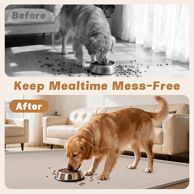 Lorvain Dog Food Mat, 45" x 30" Silicone Pet Feeding Mat with Raised Edges, Extra Large Pet Placemat for Dog Cat Food and Water Bowl Non-Slip, Easy to Clean, Waterproof & Floor Protection, Beige
